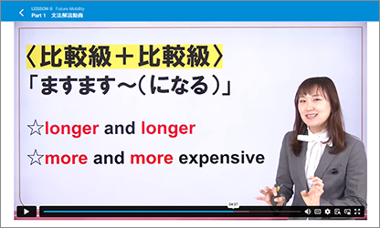 MY WAY論理・表現Ⅰの文法解説動画画面。比較級表現「longer and longer」「more and more expensive」を解説