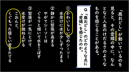 現代の国語 提示用板書パワーポイントの一場面。鹿おどしの描写から『愛嬌』を感じる理由を問う設問とキーワードの整理例。